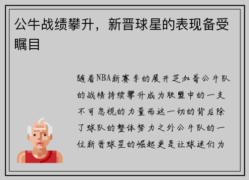 公牛战绩攀升，新晋球星的表现备受瞩目