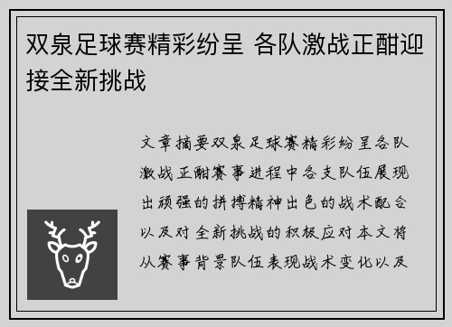 双泉足球赛精彩纷呈 各队激战正酣迎接全新挑战