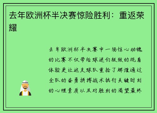 去年欧洲杯半决赛惊险胜利：重返荣耀