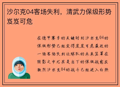沙尔克04客场失利，清武力保级形势岌岌可危