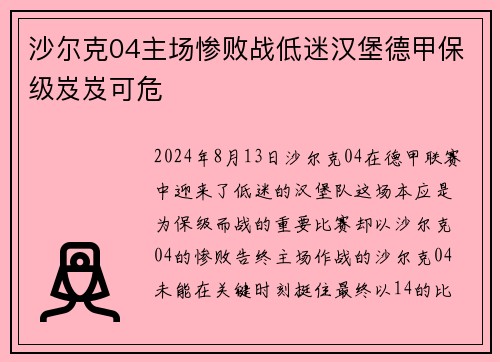 沙尔克04主场惨败战低迷汉堡德甲保级岌岌可危