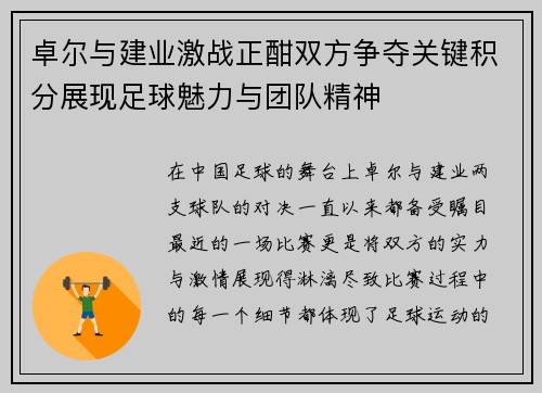 卓尔与建业激战正酣双方争夺关键积分展现足球魅力与团队精神