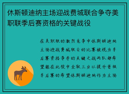 休斯顿迪纳主场迎战费城联合争夺美职联季后赛资格的关键战役